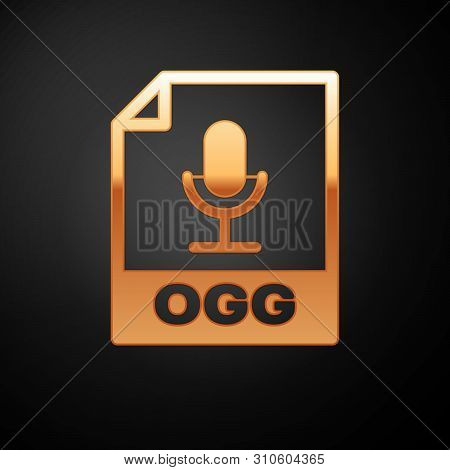 Gold Ogg File Document Icon. Download Ogg Button Icon Isolated On Black Background. Ogg File Symbol.