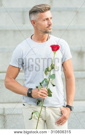 Having A Date Today. Handsome Man Going Out On A Date. Bearded Man Holding Red Rose For Romatic Date