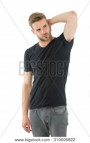 Sweating Problem. Effective Antiperspirant. Man Confident In His Antiperspirant. Guy Checks Dry Armp
