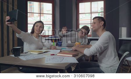 Smiling Woman Worker Has Video Call Conversation Holding Touch Screen Tablet. Happy Businesswoman Ta