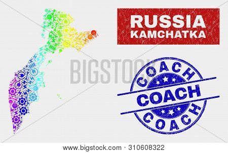 Assembly Kamchatka Map And Blue Coach Scratched Seal. Colorful Gradiented Vector Kamchatka Map Mosai