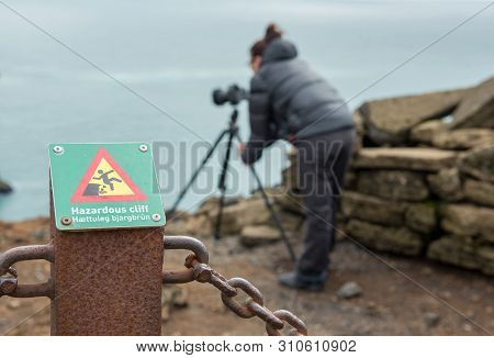 Hazardous Cliff Sign In Iceland
