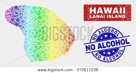 Factory Lanai Island Map And Blue No Alcohol Distress Stamp. Rainbow Colored Gradiented Vector Lanai