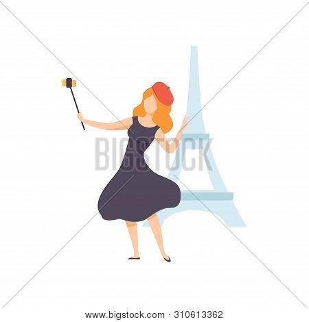 Girl Taking Selfie Photo On Smartphone On Backdrop Of Eiffel Tower, Female Tourist Making Photo Or V