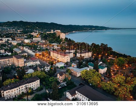 Evening Resort Town Sukhum, Abkhazia Aerial View From Drone.
