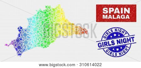 Service Malaga Province Map And Blue Girls Night Distress Watermark. Spectral Gradient Vector Malaga