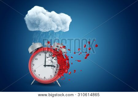 3d Rendering Of Red Alarm Clock Standing Under Raining Cloud And Dissolving In Particles On One Side