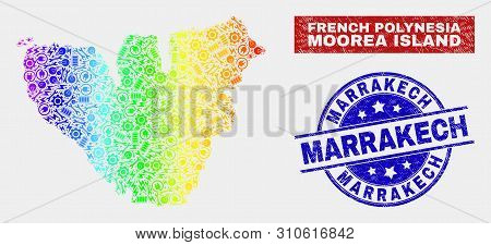 Production Moorea Island Map And Blue Marrakech Grunge Stamp. Colorful Gradient Vector Moorea Island