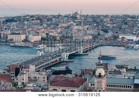 Aerial View Of Istanbul Historic Centre And Galata Bridge. Capital Cities Tourist Destination
