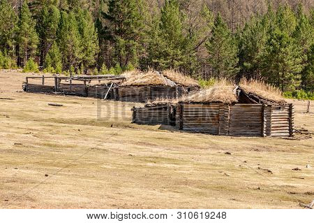 Old Ruined Yurts In The Field. On The Roof Is Old Grass. Yellow And Brown Tones.
