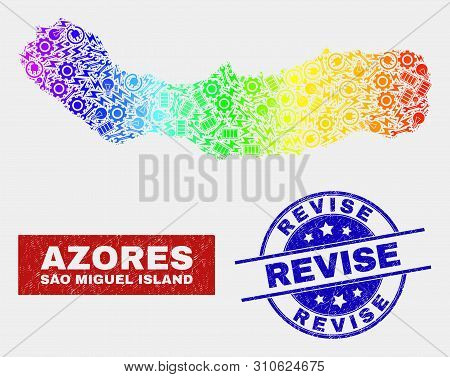 Industrial Sao Miguel Island Map And Blue Revise Distress Stamp. Colorful Gradiented Vector Sao Migu