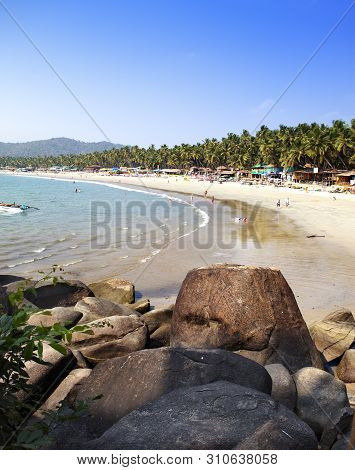 Tropical Beach Palolem, Goa, India Landscape In Sunny Day