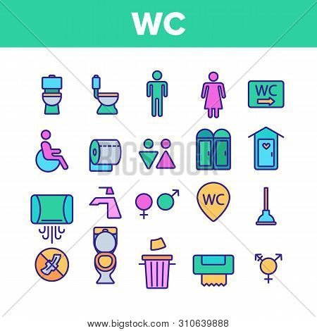 Wc, Public Bathroom, Toilet Vector Linear Icons Set. Using General, Lavatory, Restroom Contour Desig