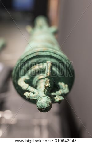 Cartagena, Spain - September 14th, 2018: Spanish 18th Bronze Cannon Belonged To Santa Barbara And Sa