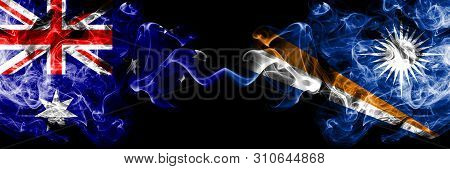 Australia Vs Marshall Islands Smoky Mystic Flags Placed Side By Side. Thick Colored Silky Smokes Com
