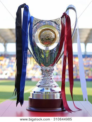 Ploiesti, Romania - July 6, 2019: Details With The Romanian Supercup (supercupa Romaniei) Trophy, Be