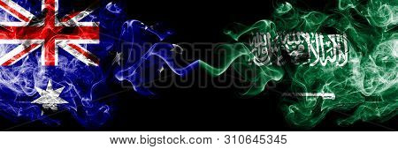 Australia Vs Saudi Arabia, Arabian Smoky Mystic Flags Placed Side By Side. Thick Colored Silky Smoke