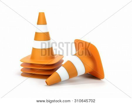 Set of white and orange road warning cones, one down - isolated on white