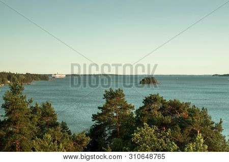 Turku, Finland - June 27 2019: View Of Ferry Viking Line On Baltic Sea And Turku Archipelago From Ru