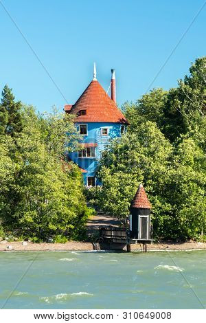 Naantali, Finland - 28 June, 2019: View From The Sea To Park Moomin World At Sunny Summer Day, Naant