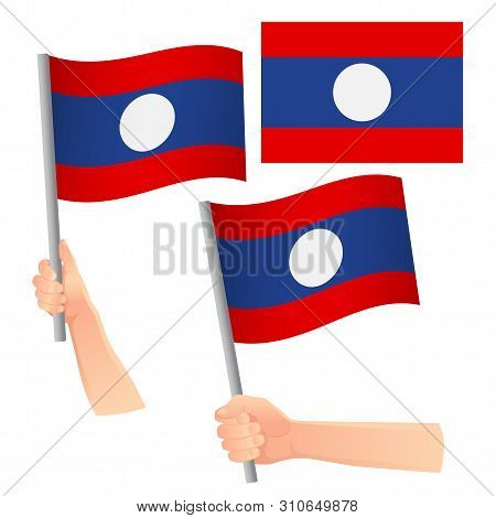 Laos Flag In Hand. Patriotic Background. National Flag Of Laos Vector Illustration