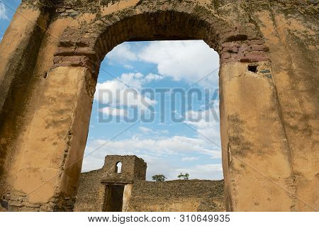 Ruin Of The Medieval Fortress In Gondar, Ethiopia. Unesco World Heritage Site.