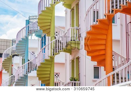 Colorful Spiral Stairs Of Singapore Apartment, Landmark And Popular For Tourist Attractions In Bugis