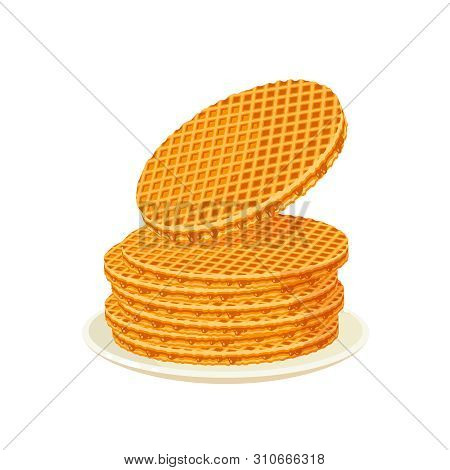 Round Waffles Filling With Caramel. Vector Illustration Cartoon Flat Icon Isolated On White.