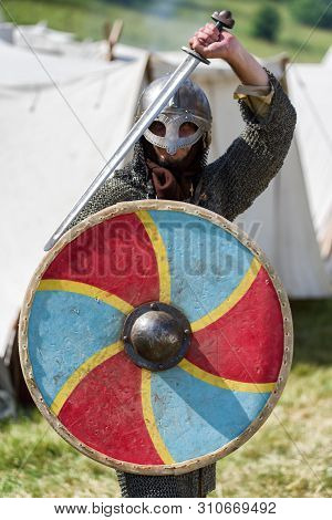 Partizanska Lupca, Slovakia - Jun 29: Warrior With Sword And Shield Of The Middle Ages On Jun 29, 20