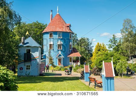 Naantali, Finland - 28 June, 2019: Moominhouse In Park Moominworld At Sunny Summer Day.