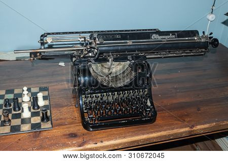 Naantali, Finland - 28 June, 2019: Typewriter Of Moominpappa In Park Moominworld.