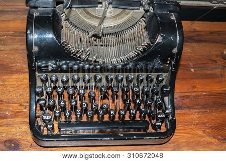 Naantali, Finland - 28 June, 2019: Typewriter Of Moominpappa In Park Moominworld.