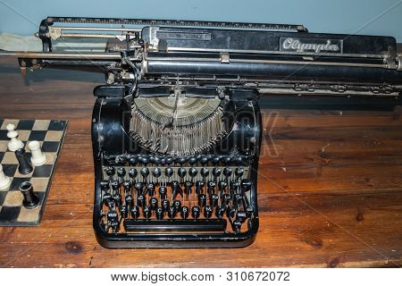 Naantali, Finland - 28 June, 2019: Typewriter Of Moominpappa In Park Moominworld.