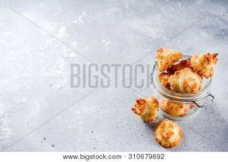 French Coconut Cookies Congolais With Coffee Mug, Grey Stone Or Concrete Background Copy Space