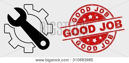 Vector Service Tools Pictogram And Good Job Seal Stamp. Red Rounded Scratched Seal Stamp With Good J