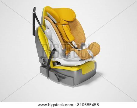 Orange Baby Car Seat With Isofix On Yellow Car Seat 3d Render On Gray Background With Shadow