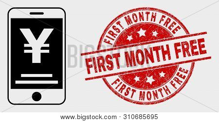 Vector Yen Mobile Banking Pictogram And First Month Free Seal Stamp. Red Rounded Distress Seal Stamp