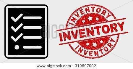 Vector Task List Page Pictogram And Inventory Seal Stamp. Red Round Textured Stamp With Inventory Te