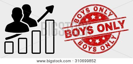 Vector People Trend Chart Icon And Boys Only Seal Stamp. Red Round Textured Seal Stamp With Boys Onl