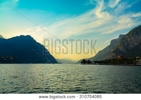 Idyllic Sunset Over Lake Como And Monutains Taken From Lecco City, Lombardy, Italy