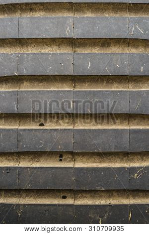 Textures, Patterns And Backgrounds Concept. Industrial Wavy Gray Tinware With Metal Elements