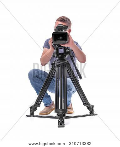 Cameraman. Video Camera Operator Isolated On A White Background.