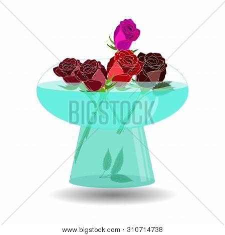 Bouquet Of 5 Roses In A Vase Of Water. Vector Illustration Beatiful Scarlet, Violet And Red Roses In