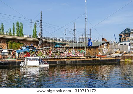 Berlin, Germany - April 22, 2018: Holzmarkt - An Urban Village Made Of Recycled Windows, Secondhand 