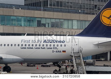 Frankfurt Am Main, Germany - April 28, 2019: Lufthansa Airbus A320neo With Lettering 
