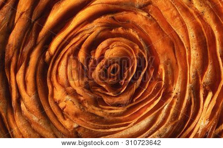 Macro Image Of Tasty Sweet Potato Tart, In The Shape Of A Rose. Delicious Tart Background. Above Vie