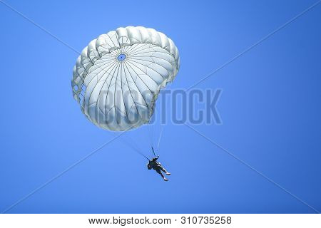 Boboc, Romania - May 22, 2019: Military Paratroopers Jump From An Alenia C-27j Spartan Military Carg