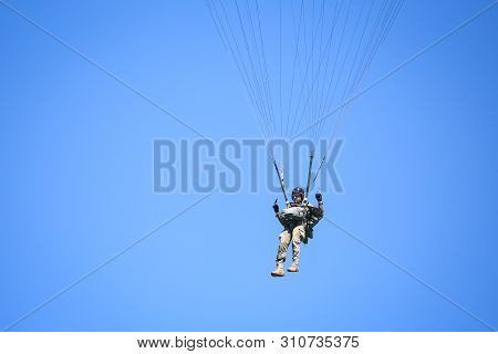 Buzau, Romania - May 22, 2019: Military Paratroopers Jump From An Alenia C-27j Spartan Military Carg