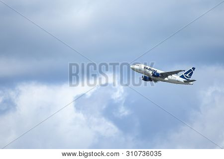 Otopeni, Romania - May 22, 2019: A Tarom Commercial Airplane Is Taking Off From The Henri Coanda Int