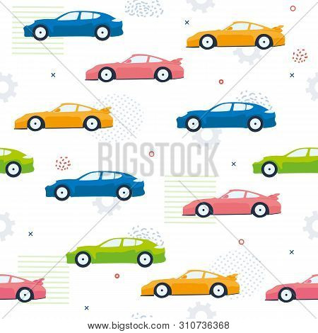 Pettern Seamless Color Cars, Cogwheesl, Dot, Line. Multicolored Cars White Background, Abstract Patt